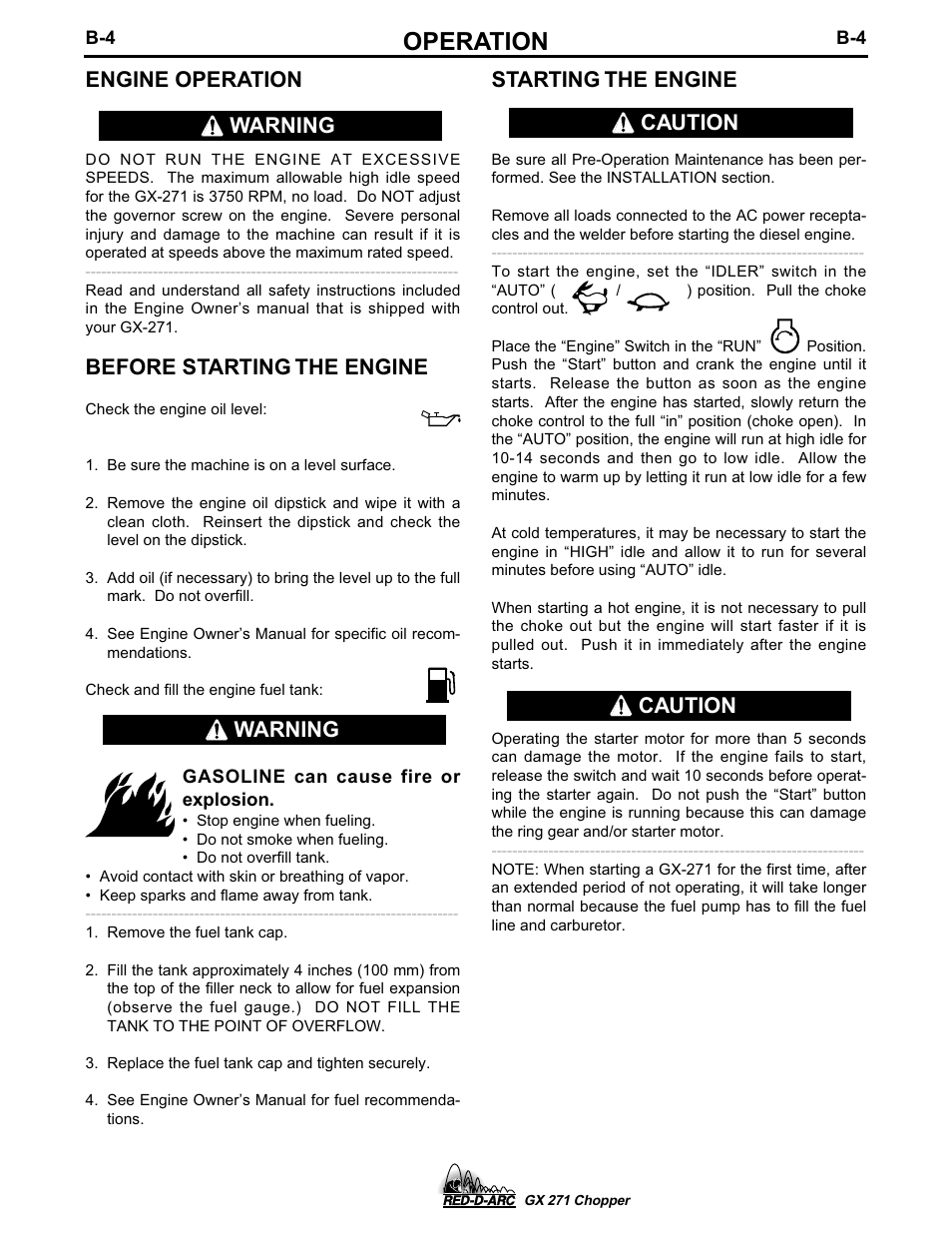 Operation, Engine operation, Before starting the engine | Warning, Warning starting the engine, Caution | Lincoln Electric IM603 RED-D-ARC GX 271 Chopper User Manual | Page 20 / 47