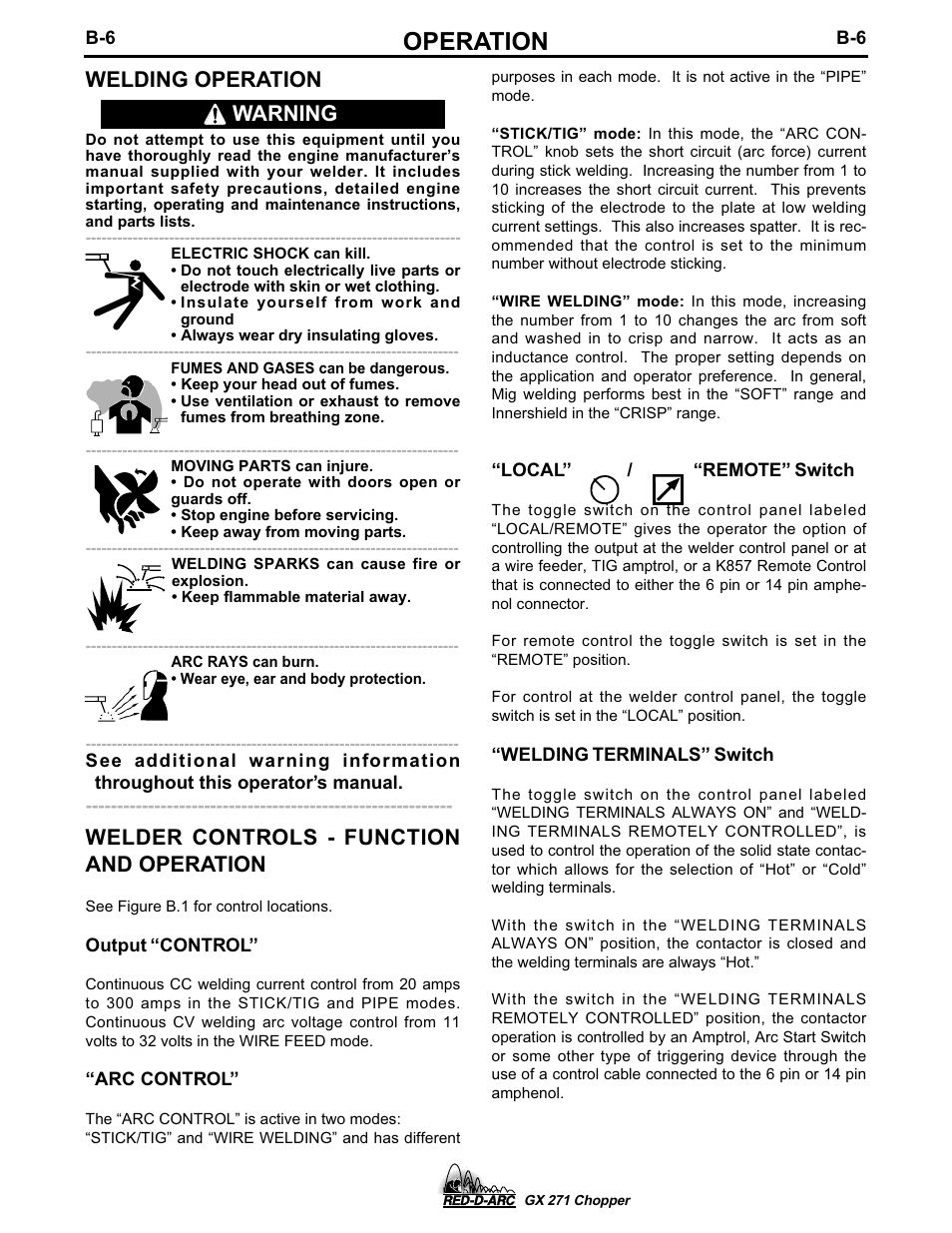 Operation, Warning | Lincoln Electric IM603 RED-D-ARC GX 271 Chopper User Manual | Page 22 / 47