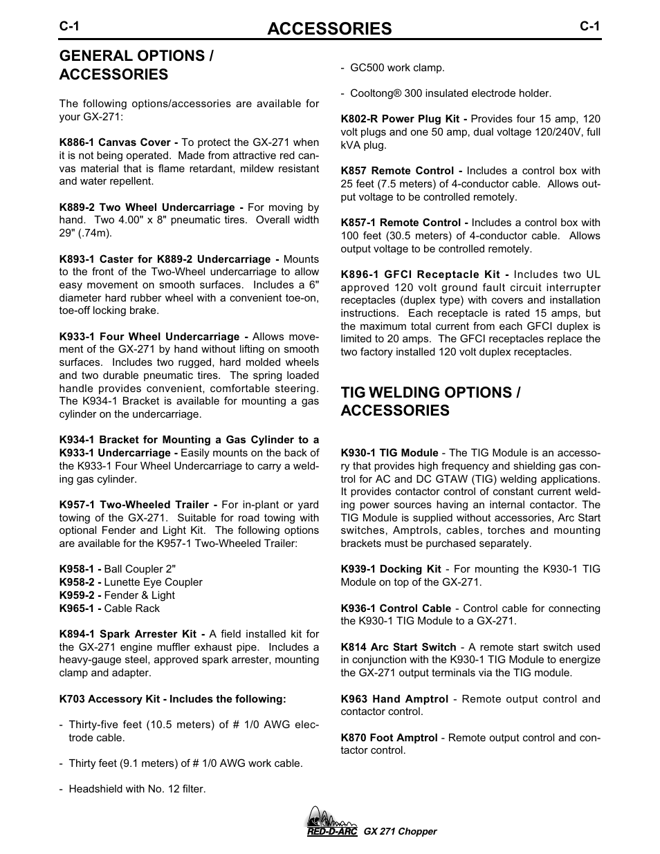 Accessories, General options / accessories, Tig welding options / accessories | Lincoln Electric IM603 RED-D-ARC GX 271 Chopper User Manual | Page 27 / 47