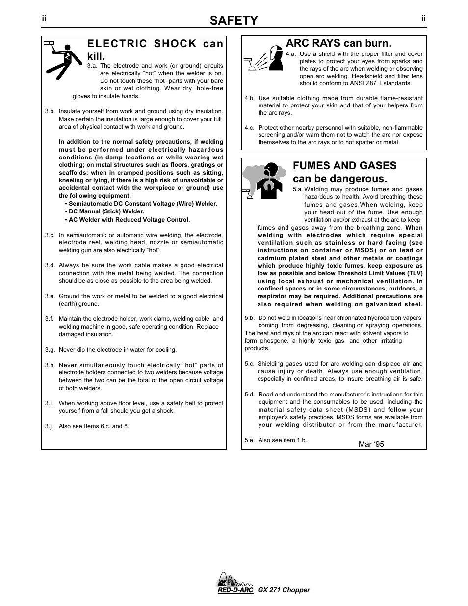 Safety, Arc rays can burn, Electric shock can kill | Fumes and gases can be dangerous | Lincoln Electric IM603 RED-D-ARC GX 271 Chopper User Manual | Page 3 / 47