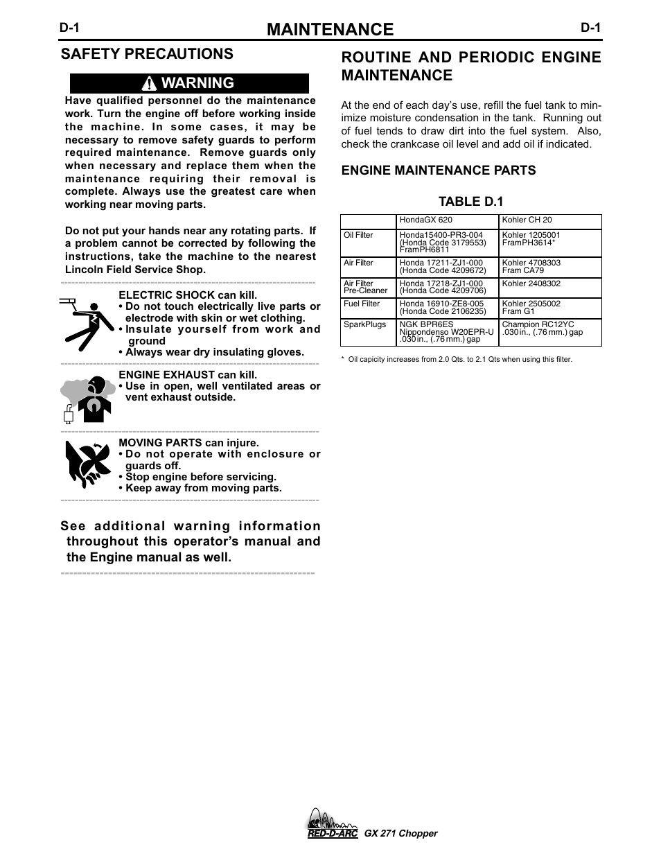 Maintenance, Routine and periodic engine maintenance, Safety precautions | Warning, Engine maintenance parts table d.1 | Lincoln Electric IM603 RED-D-ARC GX 271 Chopper User Manual | Page 34 / 47