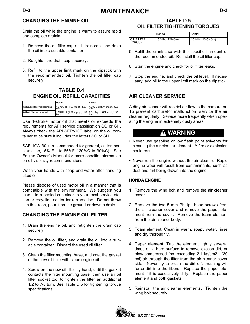 Maintenance, Warning, D-3 changing the engine oil | Table d.4 engine oil refill capacities, Changing the engine oil filter, Table d.5 oil filter tightening torques, Air cleaner service | Lincoln Electric IM603 RED-D-ARC GX 271 Chopper User Manual | Page 36 / 47