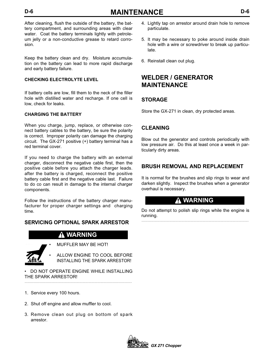 Maintenance, Welder / generator maintenance, Warning | Lincoln Electric IM603 RED-D-ARC GX 271 Chopper User Manual | Page 39 / 47