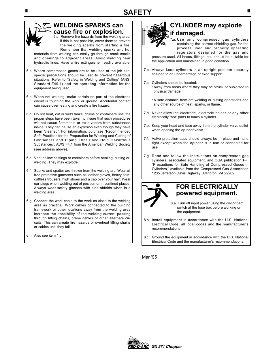 Safety, For electrically powered equipment, Cylinder may explode if damaged | Welding sparks can cause fire or explosion | Lincoln Electric IM603 RED-D-ARC GX 271 Chopper User Manual | Page 4 / 47