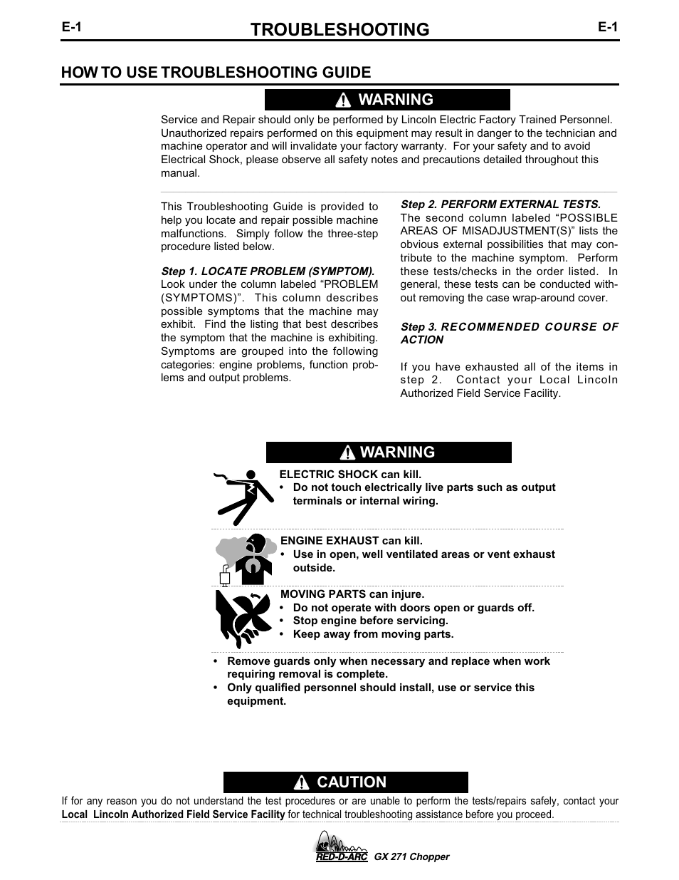 Troubleshooting, Caution, How to use troubleshooting guide | Warning | Lincoln Electric IM603 RED-D-ARC GX 271 Chopper User Manual | Page 40 / 47