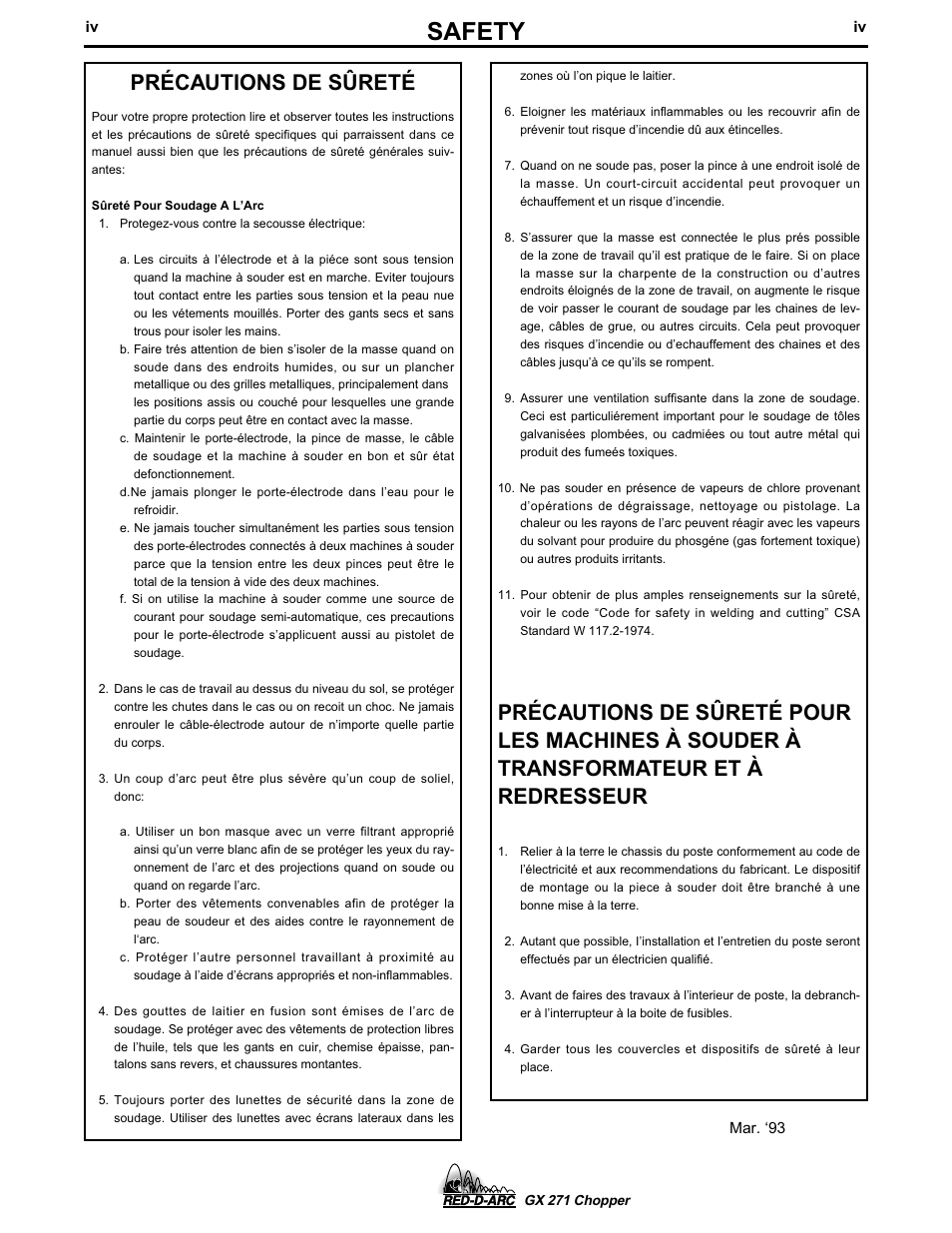 Safety, Précautions de sûreté | Lincoln Electric IM603 RED-D-ARC GX 271 Chopper User Manual | Page 5 / 47