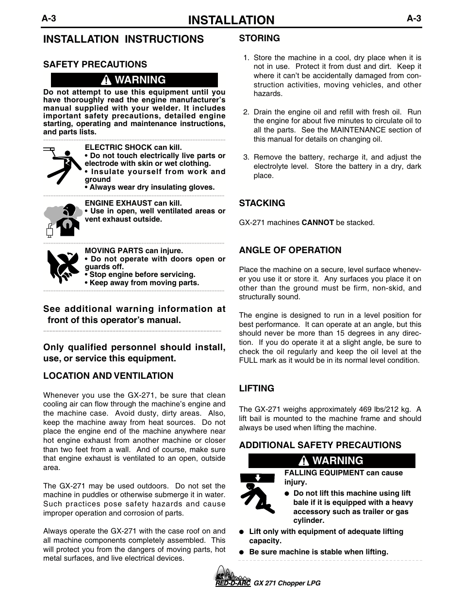 Installation, Installation instructions, Warning | Lincoln Electric IM635 RED-D-ARC GX 271Chopper LPG User Manual | Page 11 / 48