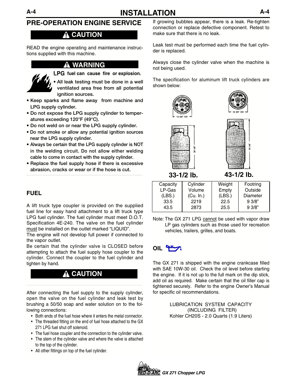 Installation, Pre-operation engine service, Caution | Warning caution | Lincoln Electric IM635 RED-D-ARC GX 271Chopper LPG User Manual | Page 12 / 48