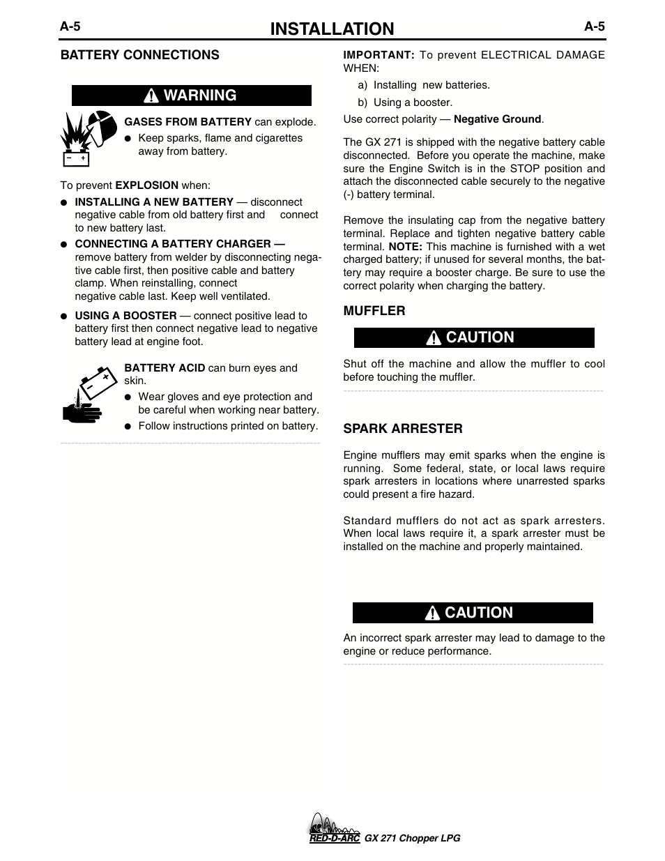 Installation, Warning, Caution | Lincoln Electric IM635 RED-D-ARC GX 271Chopper LPG User Manual | Page 13 / 48