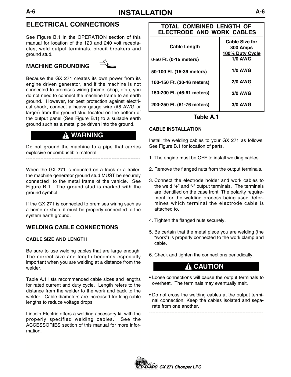 Installation, Electrical connections, Warning | Caution | Lincoln Electric IM635 RED-D-ARC GX 271Chopper LPG User Manual | Page 14 / 48