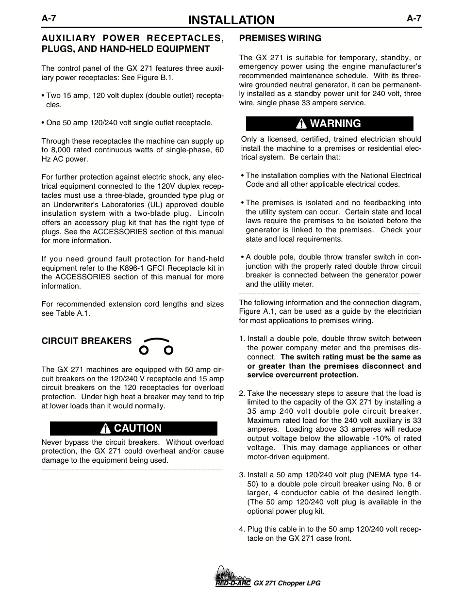 Installation, Caution, Warning | Lincoln Electric IM635 RED-D-ARC GX 271Chopper LPG User Manual | Page 15 / 48