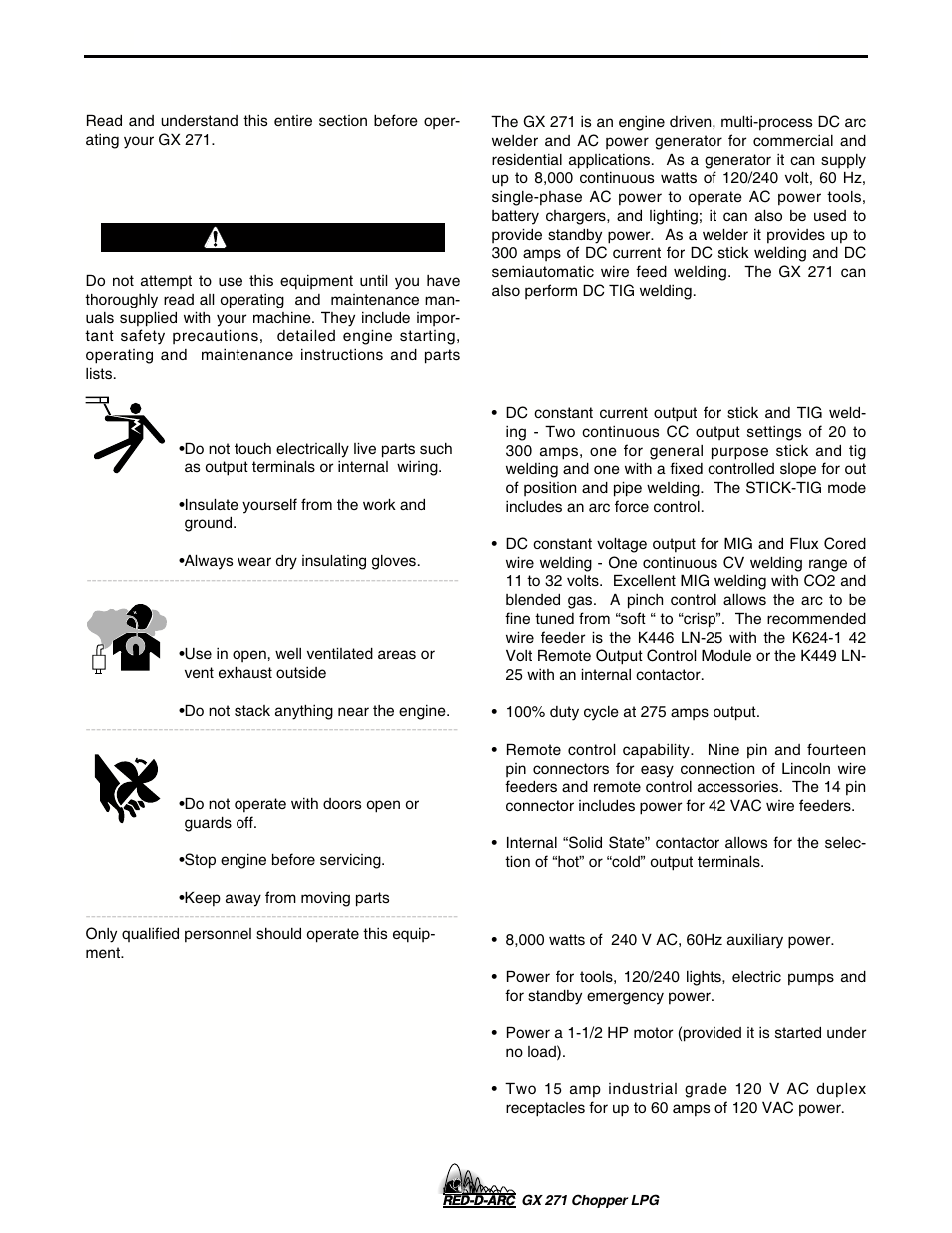 Operation, Operating instructions, Safety instructions | General description, Design features, Warning | Lincoln Electric IM635 RED-D-ARC GX 271Chopper LPG User Manual | Page 17 / 48