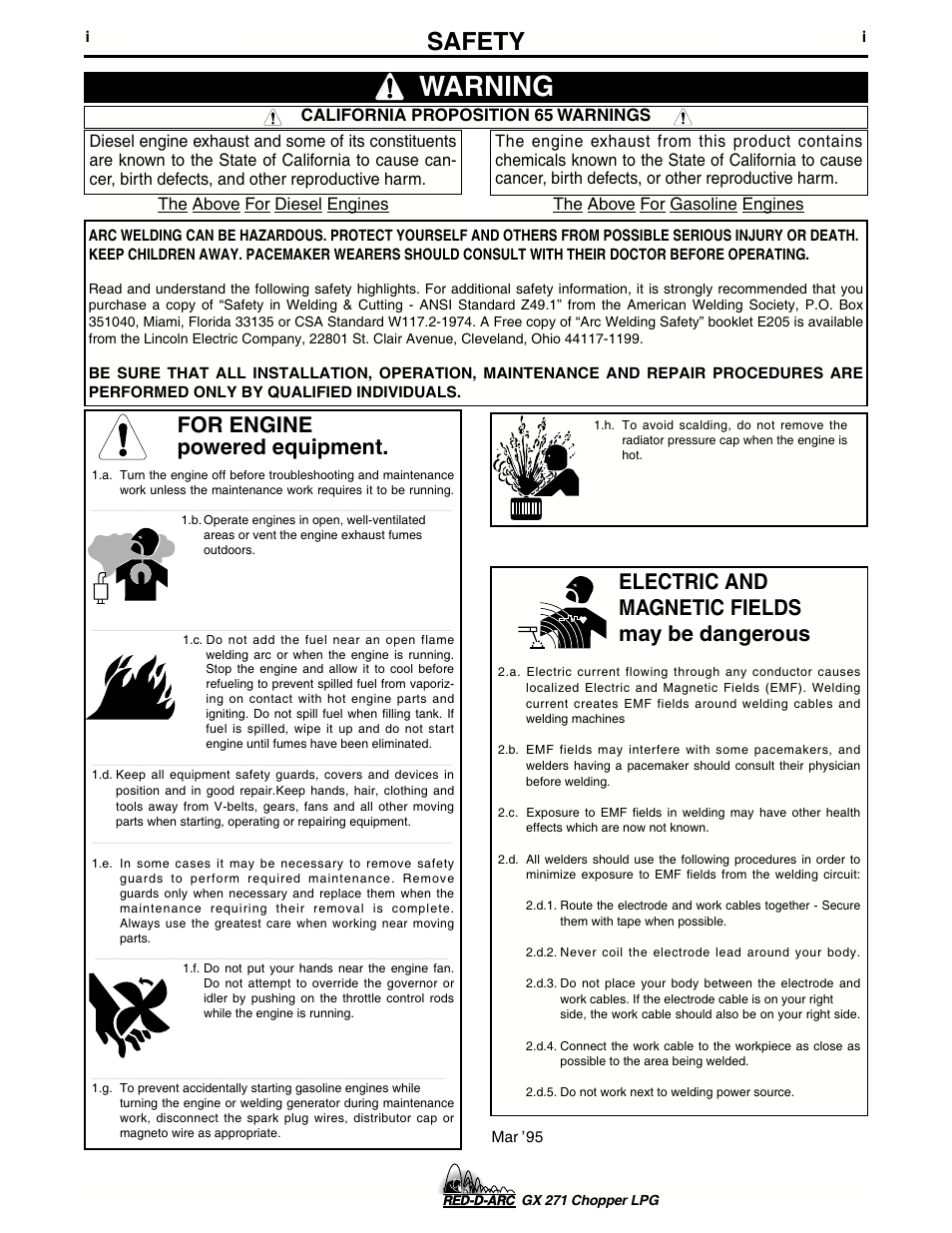 Warning, Safety, For engine powered equipment | Electric and magnetic fields may be dangerous | Lincoln Electric IM635 RED-D-ARC GX 271Chopper LPG User Manual | Page 2 / 48