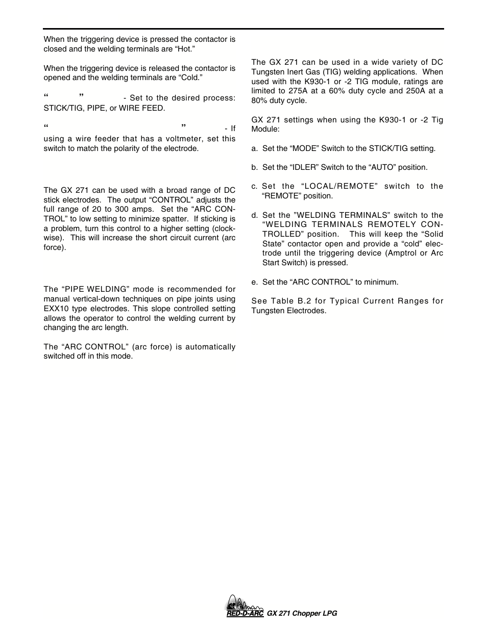Operation, Stick welding, Pipe welding | Tig welding | Lincoln Electric IM635 RED-D-ARC GX 271Chopper LPG User Manual | Page 23 / 48