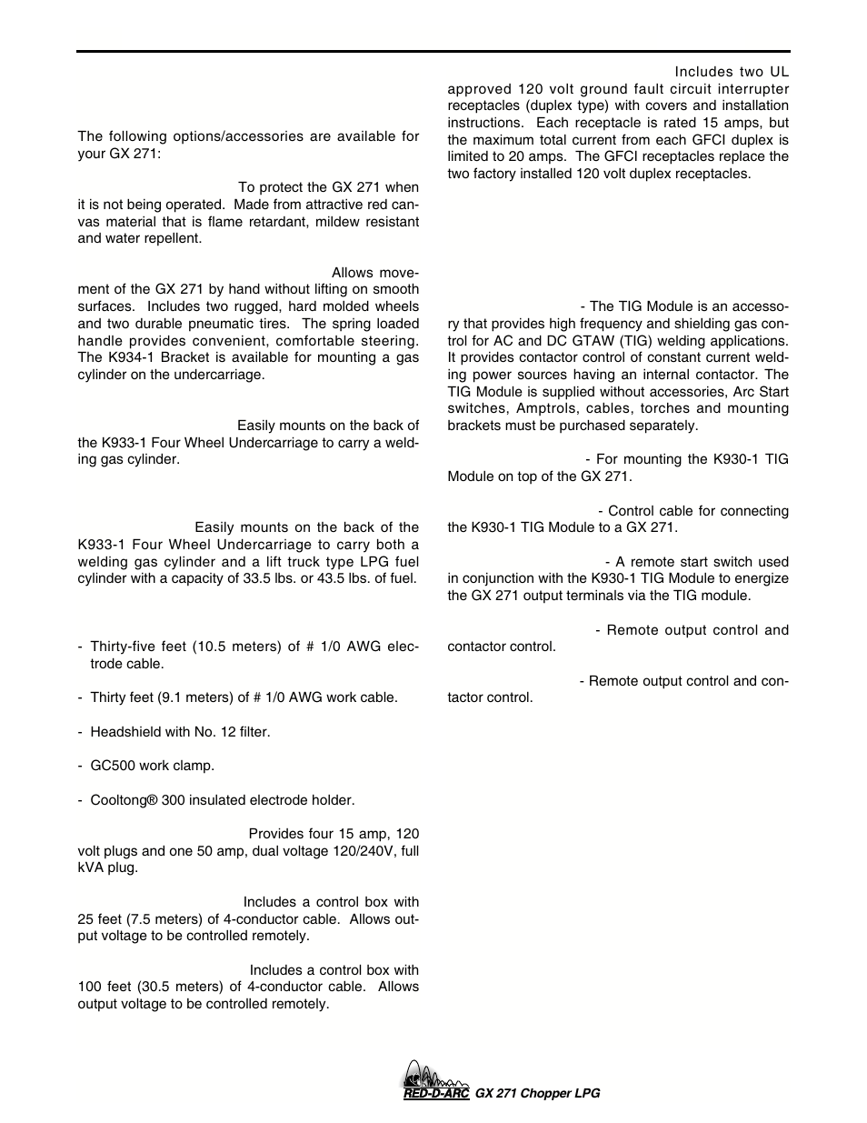 Accessories, General options / accessories, Tig welding options / accessories | Lincoln Electric IM635 RED-D-ARC GX 271Chopper LPG User Manual | Page 27 / 48