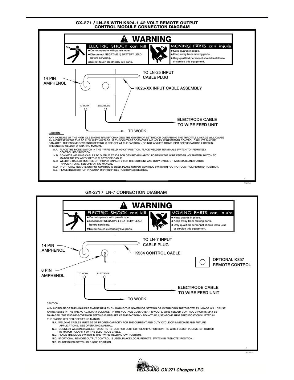 Accessories - connection diagrams, Warning, Gx 271 chopper lpg | Lincoln Electric IM635 RED-D-ARC GX 271Chopper LPG User Manual | Page 30 / 48