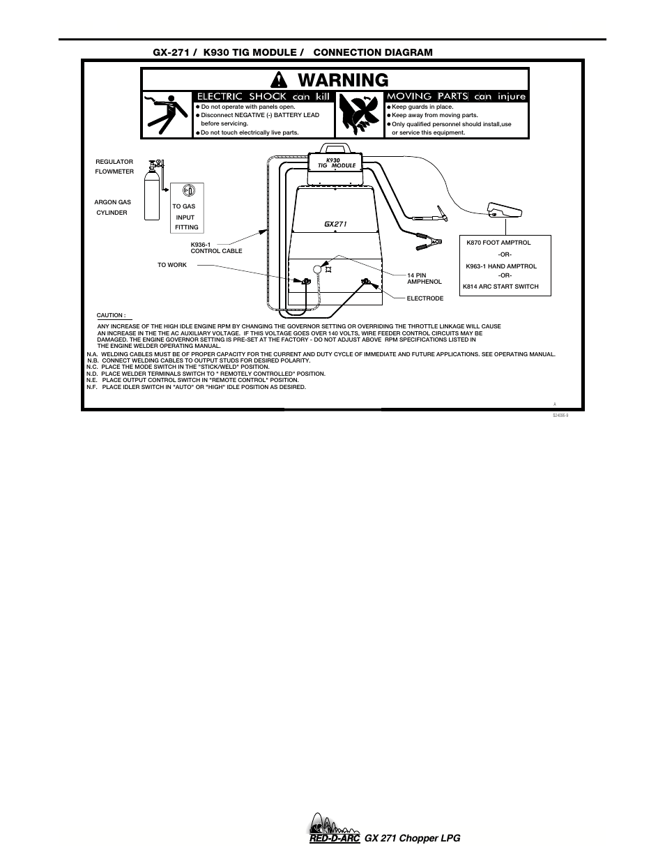 Accessories - connection diagrams, Warning, Gx 271 chopper lpg | Lincoln Electric IM635 RED-D-ARC GX 271Chopper LPG User Manual | Page 33 / 48