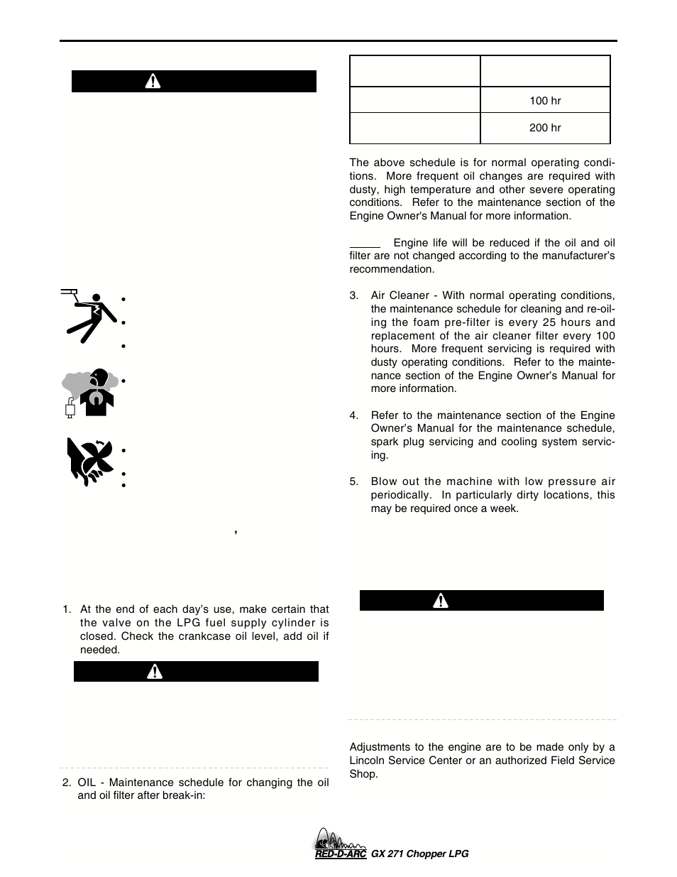 Maintenance, Routine and periodic engine maintenance, Safety precautions | Warning, Warning caution | Lincoln Electric IM635 RED-D-ARC GX 271Chopper LPG User Manual | Page 34 / 48