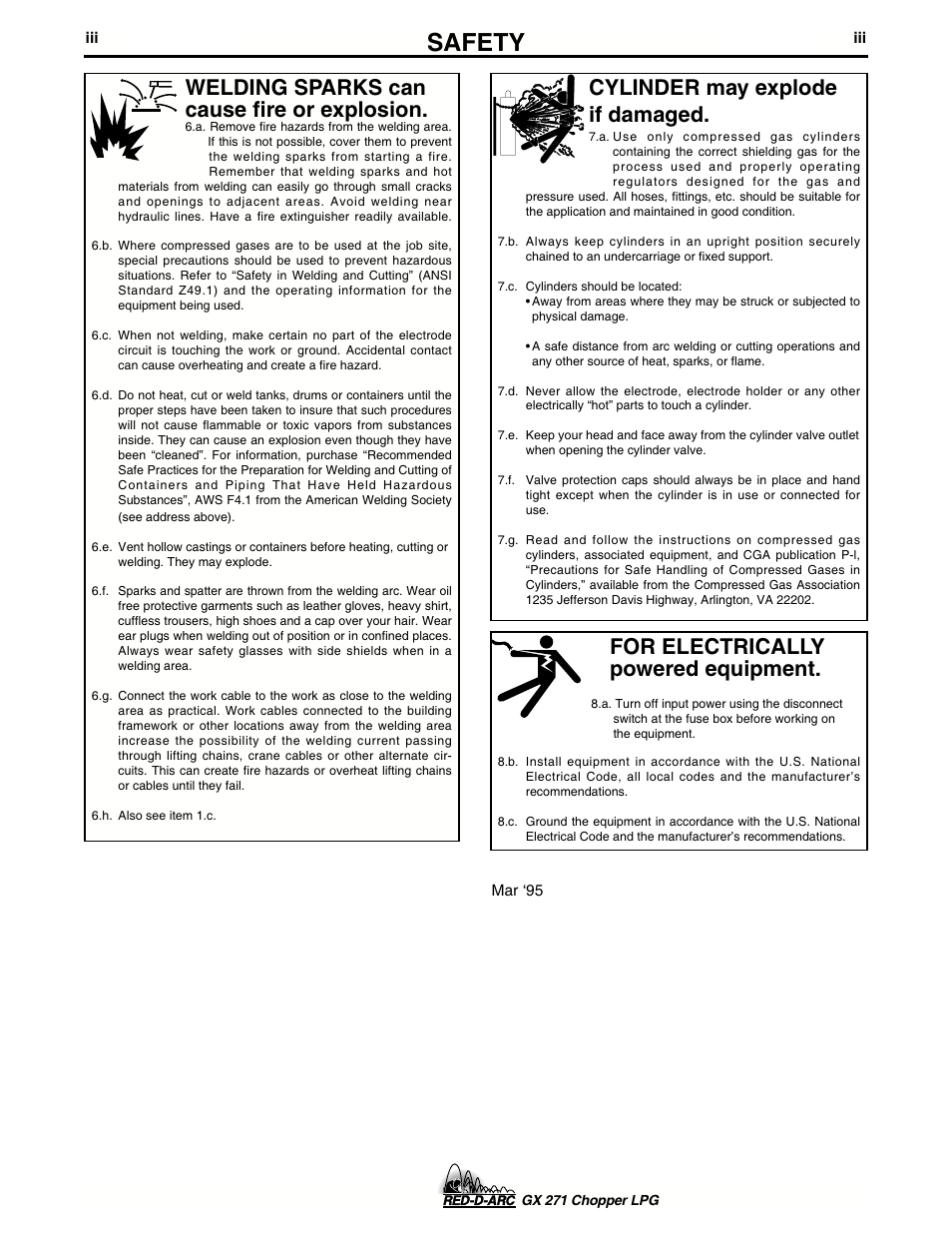 Safety, For electrically powered equipment, Cylinder may explode if damaged | Welding sparks can cause fire or explosion | Lincoln Electric IM635 RED-D-ARC GX 271Chopper LPG User Manual | Page 4 / 48