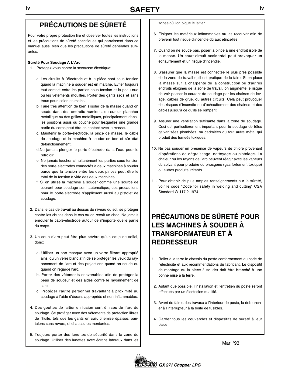 Safety, Précautions de sûreté | Lincoln Electric IM635 RED-D-ARC GX 271Chopper LPG User Manual | Page 5 / 48