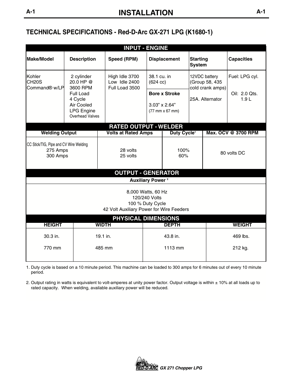 Installation | Lincoln Electric IM635 RED-D-ARC GX 271Chopper LPG User Manual | Page 9 / 48