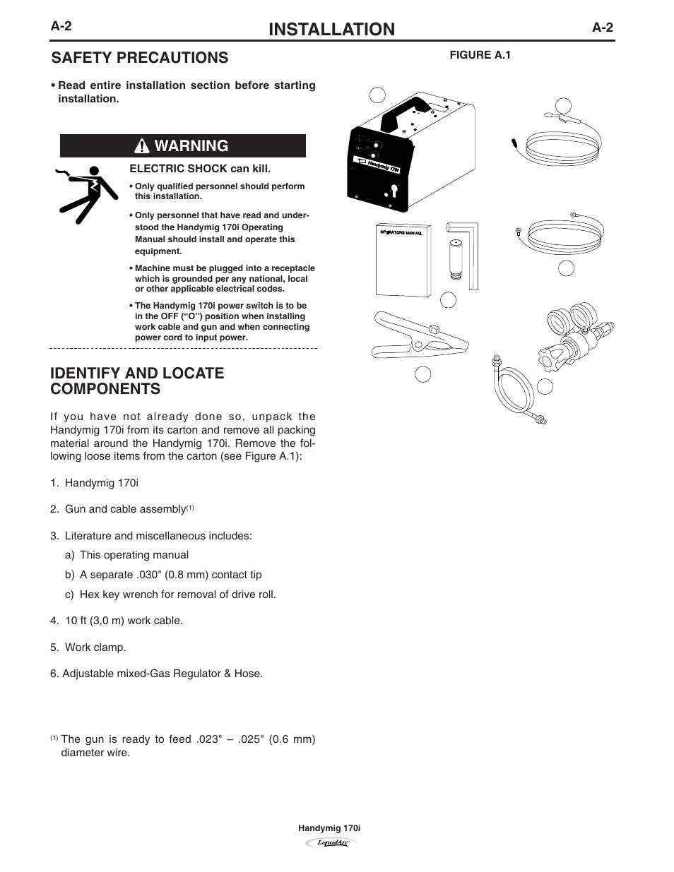 Installation, Safety precautions, Identify and locate components | Warning | Lincoln Electric IM796 HANDY MIG 170i User Manual | Page 11 / 36