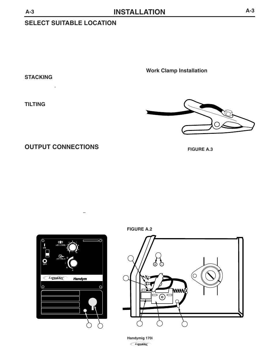 Installation, Select suitable location, Output connections | Lincoln Electric IM796 HANDY MIG 170i User Manual | Page 12 / 36