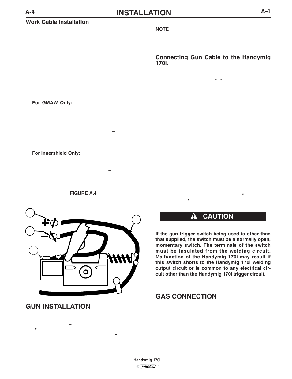 Installation, Gas connection, Caution gun installation | Lincoln Electric IM796 HANDY MIG 170i User Manual | Page 13 / 36