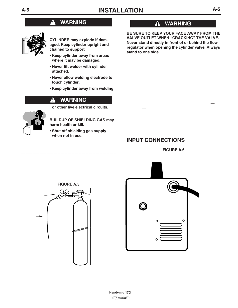 Installation, Input connections, Warning | Lincoln Electric IM796 HANDY MIG 170i User Manual | Page 14 / 36