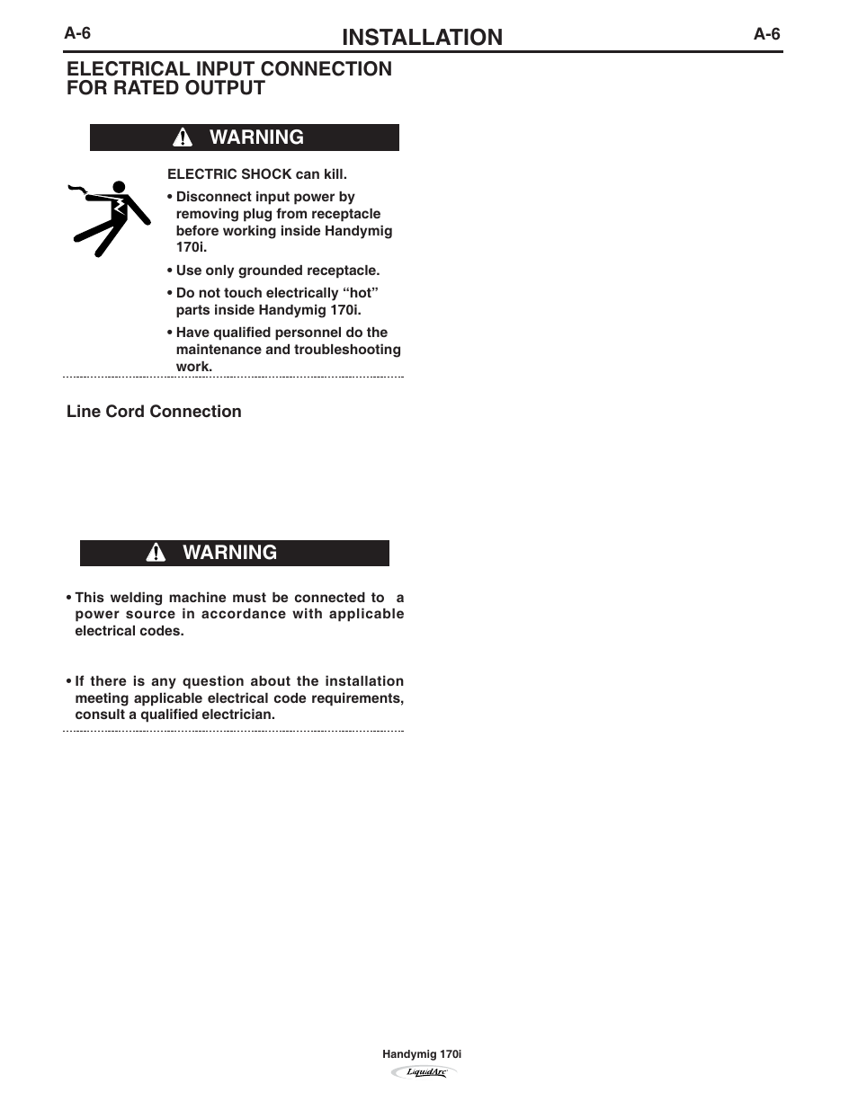 Installation, Electrical input connection for rated output, Warning | Lincoln Electric IM796 HANDY MIG 170i User Manual | Page 15 / 36