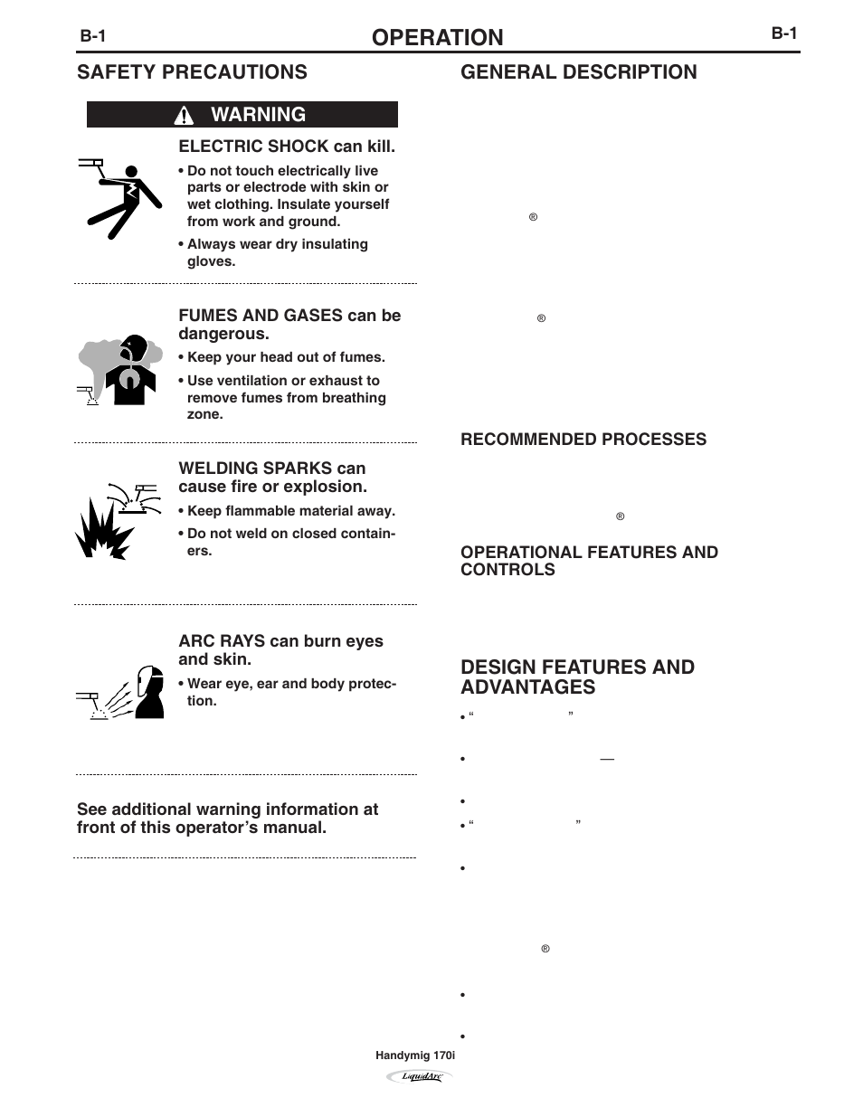 Operation, Safety precautions, Warning general description | Design features and advantages | Lincoln Electric IM796 HANDY MIG 170i User Manual | Page 16 / 36