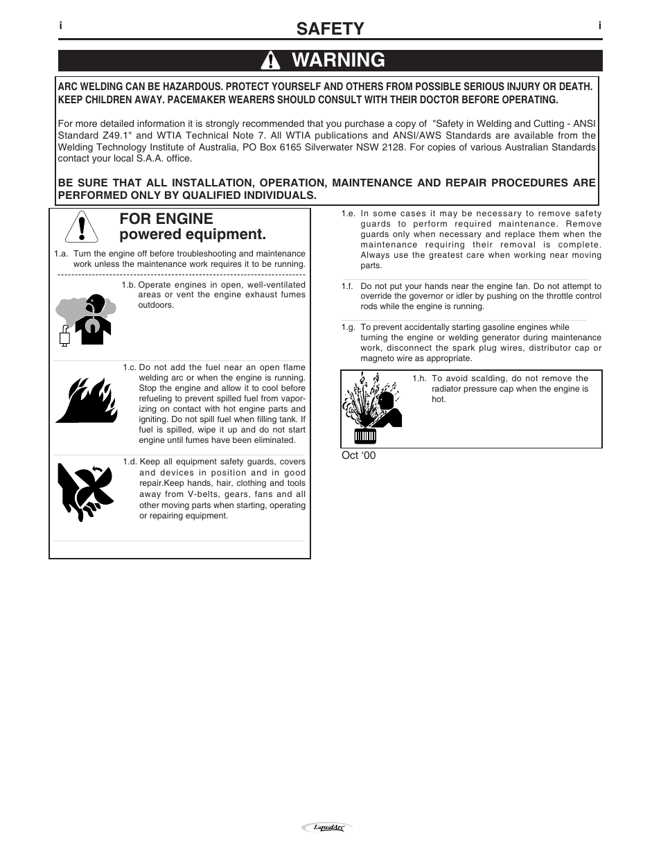 Warning, Safety, For engine powered equipment | Lincoln Electric IM796 HANDY MIG 170i User Manual | Page 2 / 36