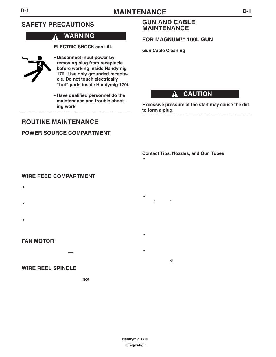 Maintenance, Gun and cable maintenance, Caution | Safety precautions, Routine maintenance, Warning | Lincoln Electric IM796 HANDY MIG 170i User Manual | Page 23 / 36