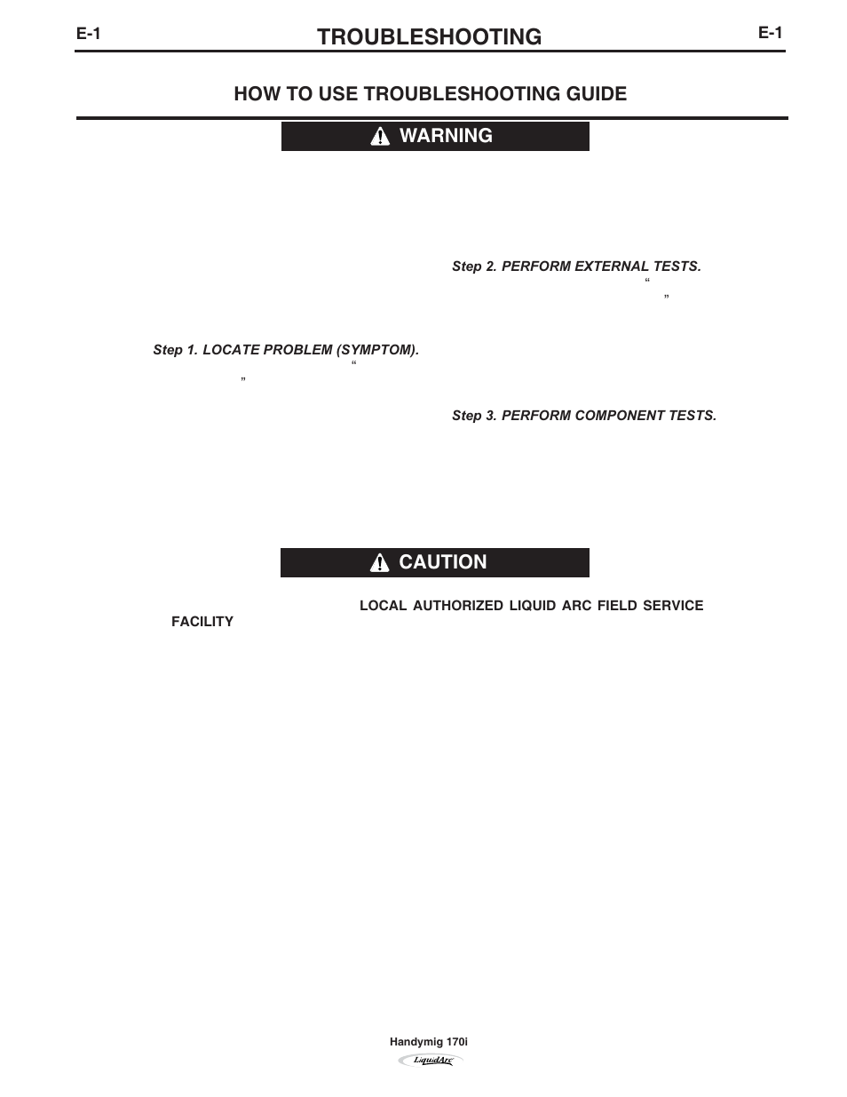 Troubleshooting, How to use troubleshooting guide, Warning | Caution | Lincoln Electric IM796 HANDY MIG 170i User Manual | Page 27 / 36