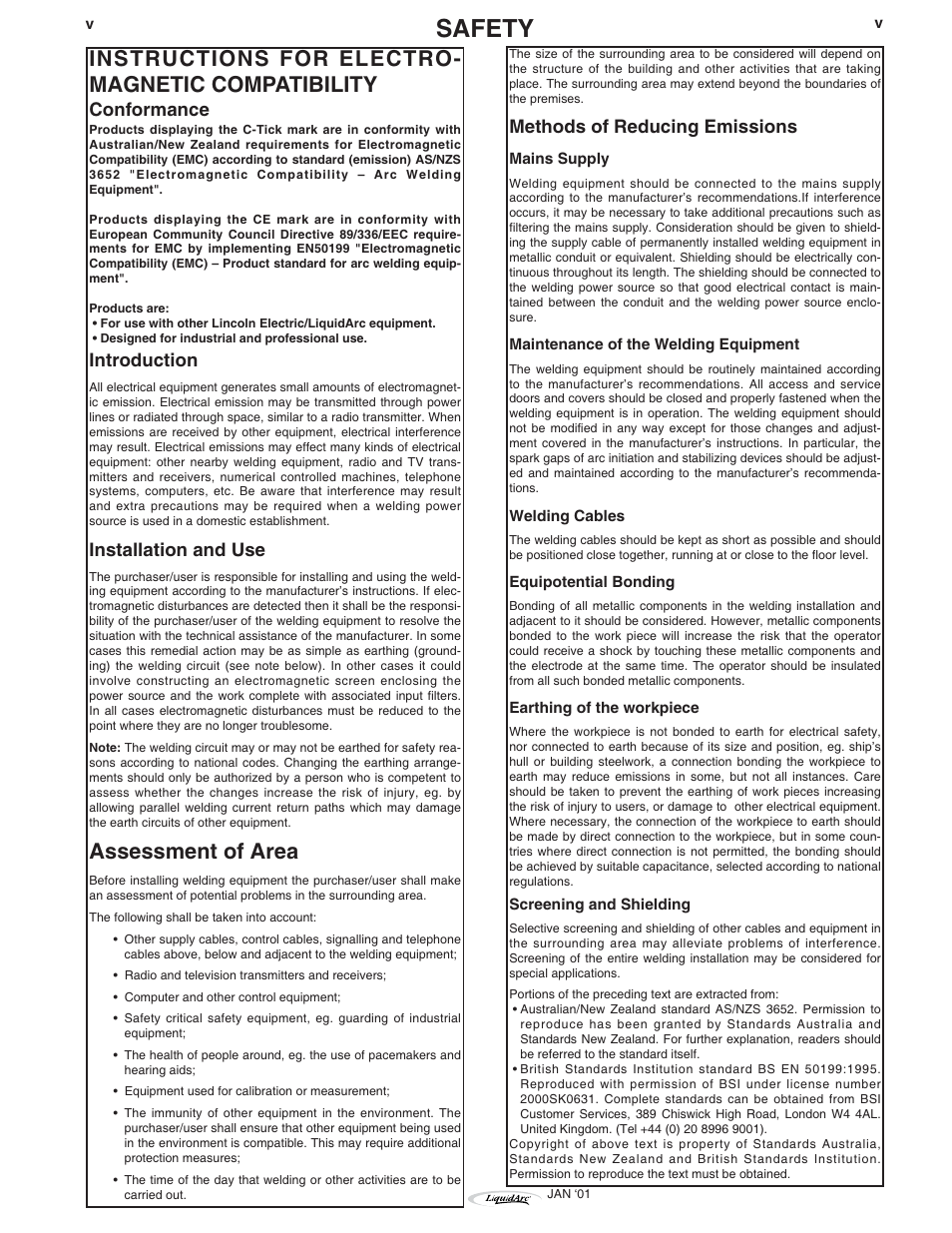 Safety, Instructions for electro- magnetic compatibility, Assessment of area | Conformance, Introduction, Installation and use, Methods of reducing emissions | Lincoln Electric IM796 HANDY MIG 170i User Manual | Page 6 / 36