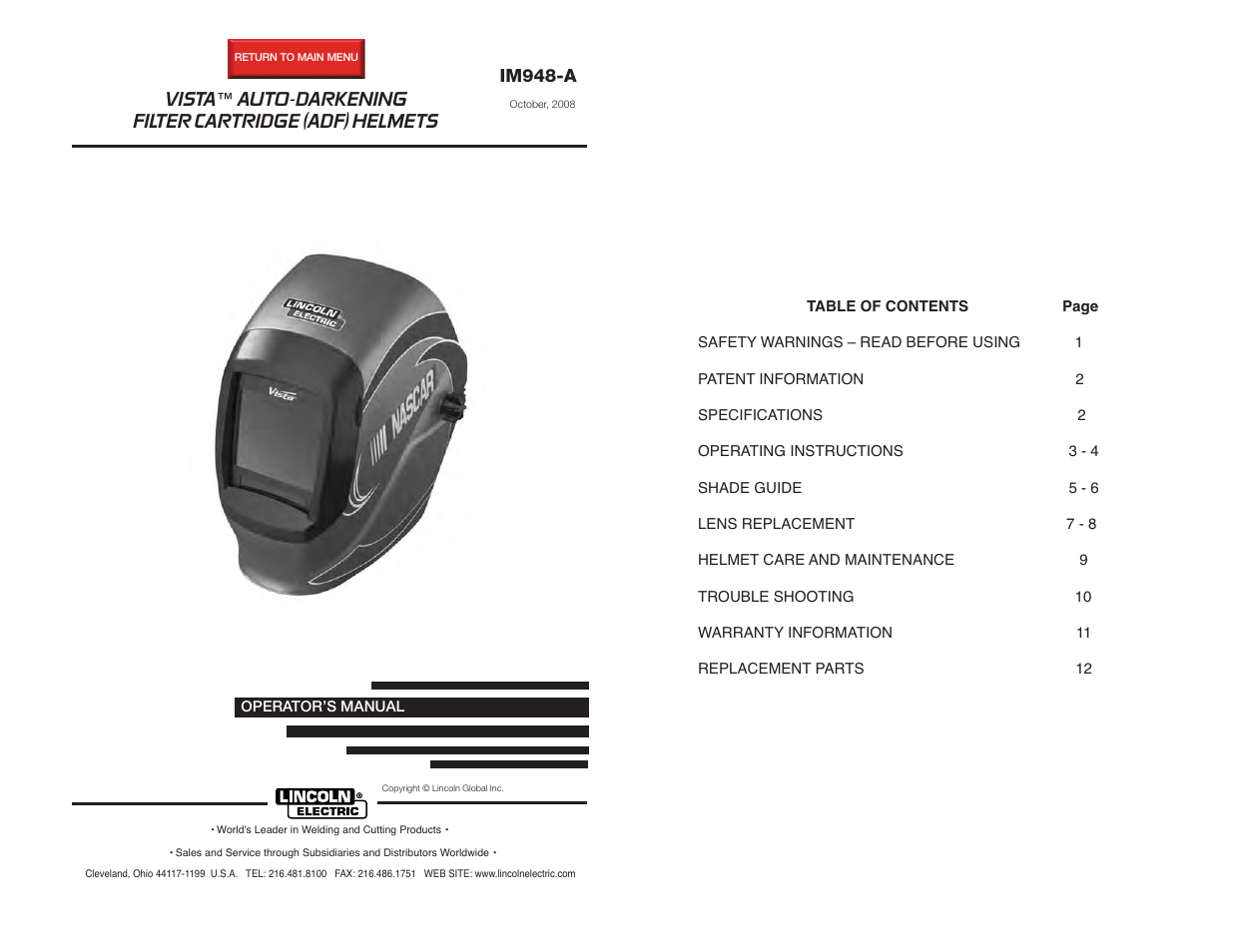 Lincoln Electric IM948 VISTA AUTO-DARKENING HELMET User Manual | 16 pages