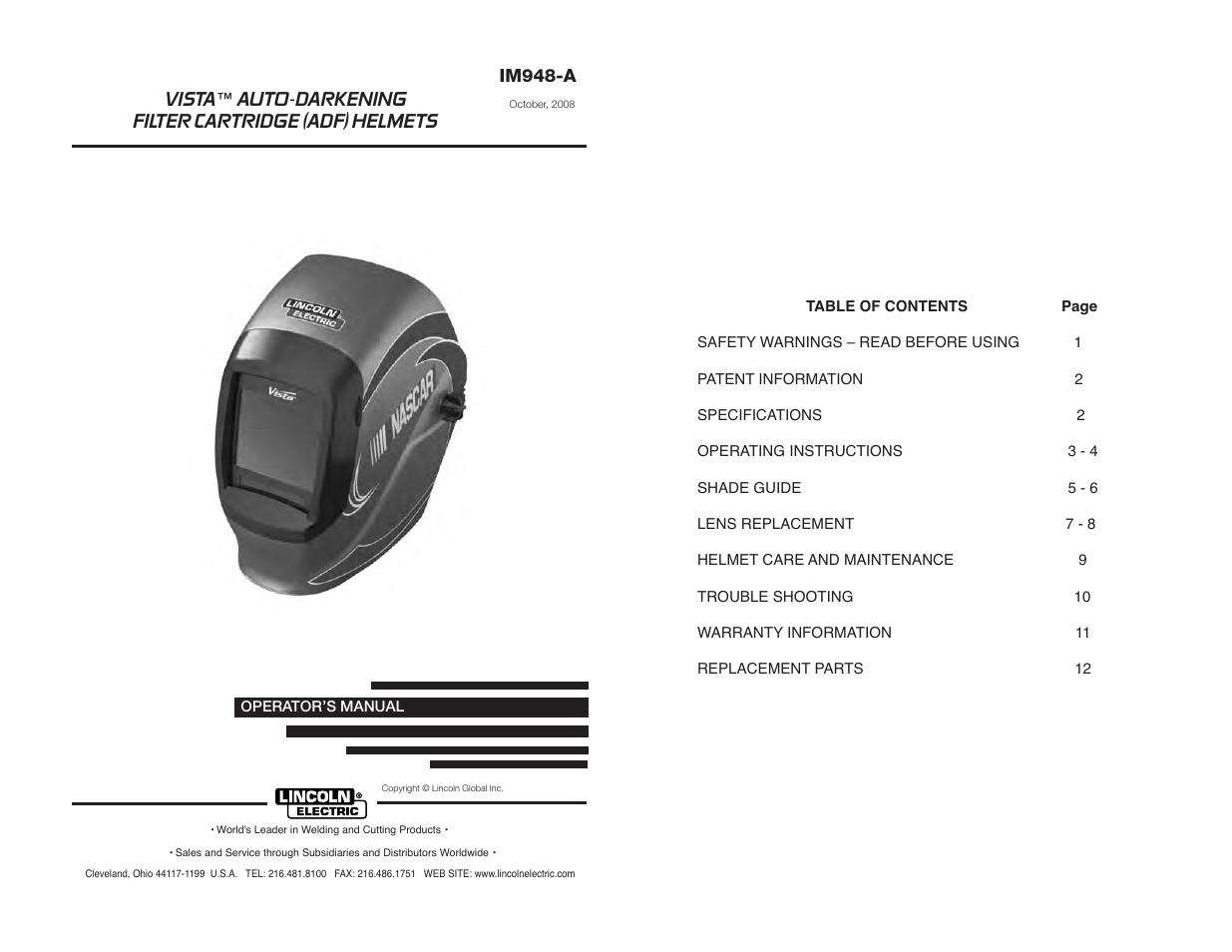 Lincoln Electric IM948 VISTA AUTO-DARKENING HELMET User Manual | Page 2 / 16