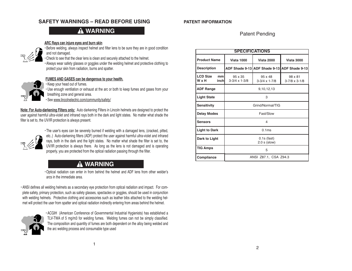 Warning, Safety warnings – read before using, Patent pending | Lincoln Electric IM948 VISTA AUTO-DARKENING HELMET User Manual | Page 3 / 16