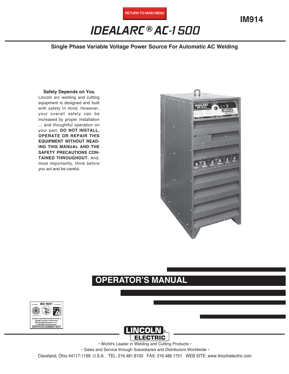 Lincoln Electric IM914 IDEALARC AC-1500 User Manual | 29 pages