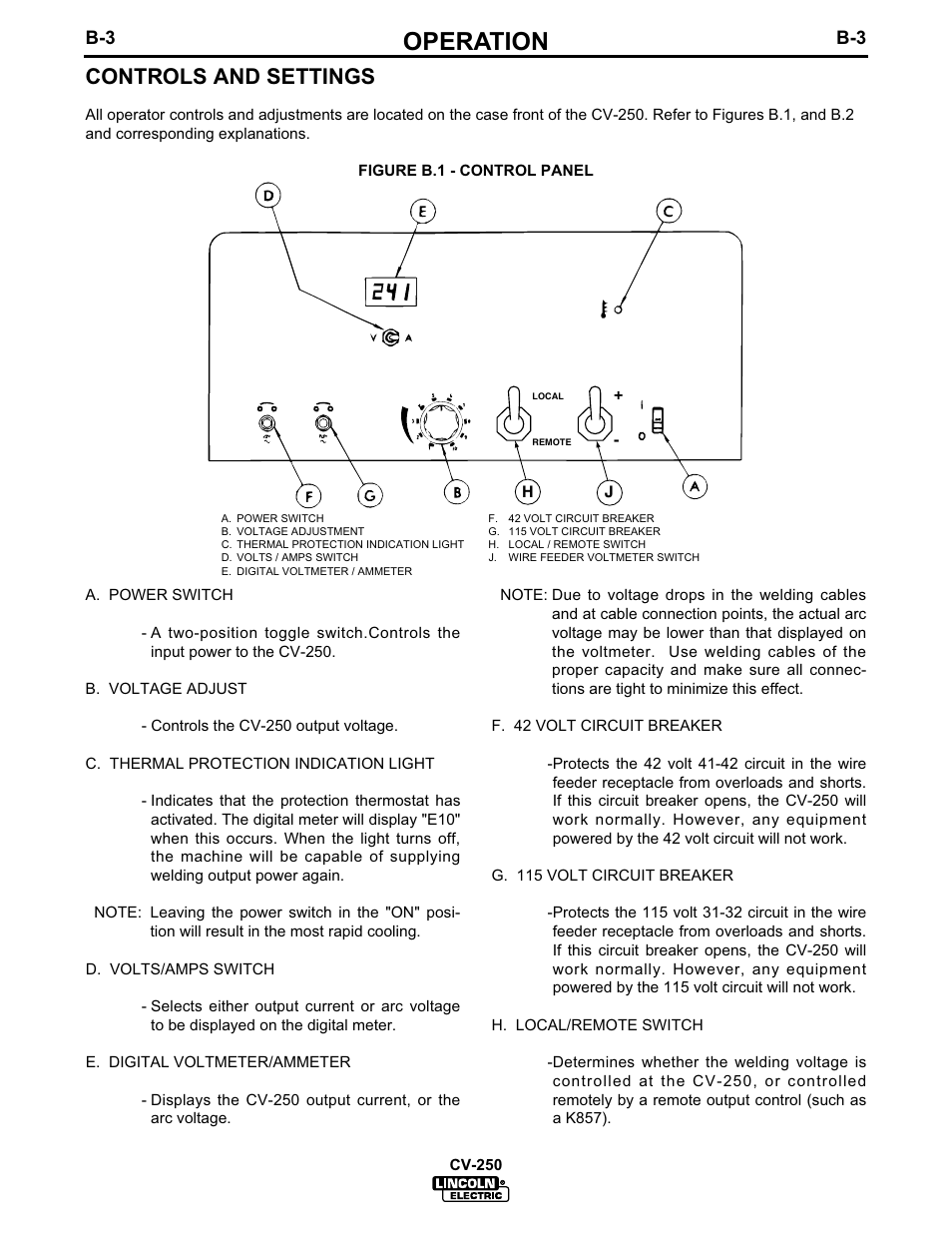 Operation, Controls and settings | Lincoln Electric IM505 IDEALARC CV-250 User Manual | Page 14 / 42