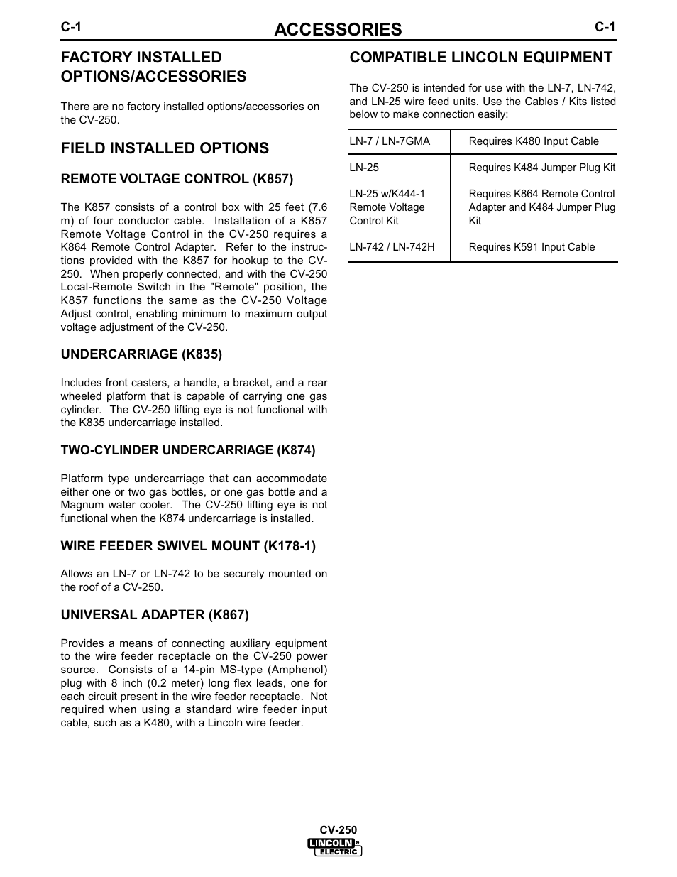 Accessories, Factory installed options/accessories, Field installed options | Compatible lincoln equipment | Lincoln Electric IM505 IDEALARC CV-250 User Manual | Page 18 / 42