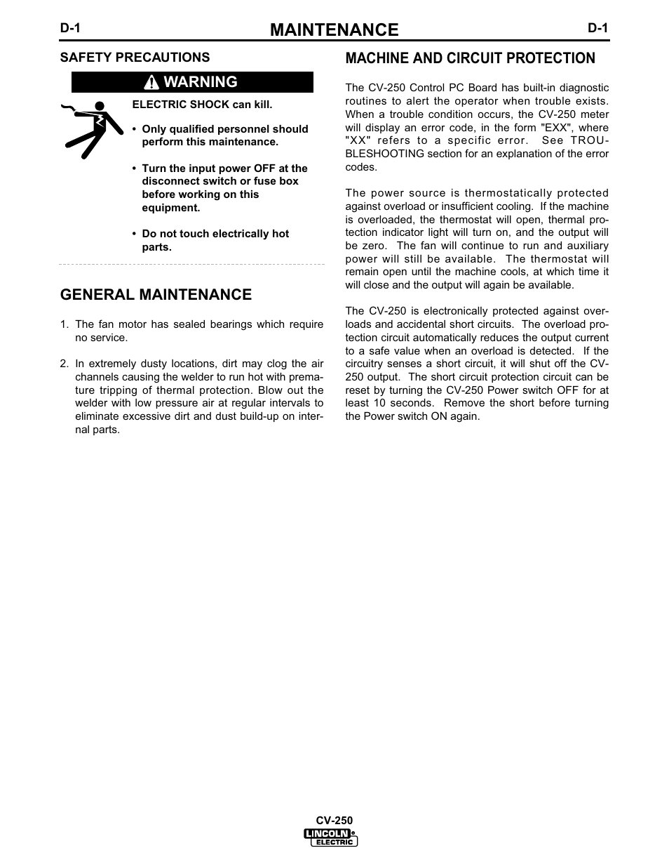 Maintenance, General maintenance, Machine and circuit protection | Warning | Lincoln Electric IM505 IDEALARC CV-250 User Manual | Page 19 / 42