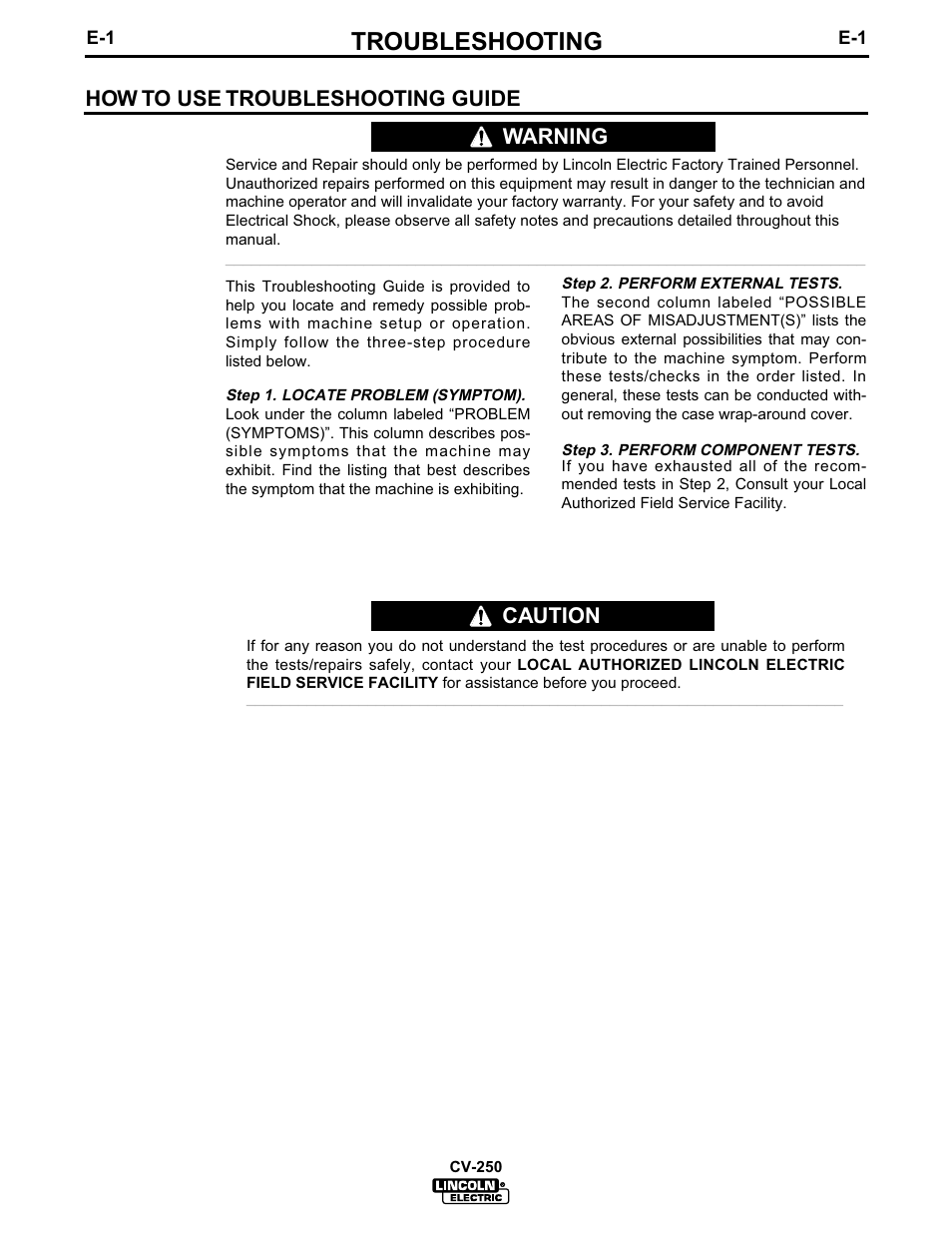 Troubleshooting, How to use troubleshooting guide, Warning | Caution | Lincoln Electric IM505 IDEALARC CV-250 User Manual | Page 20 / 42