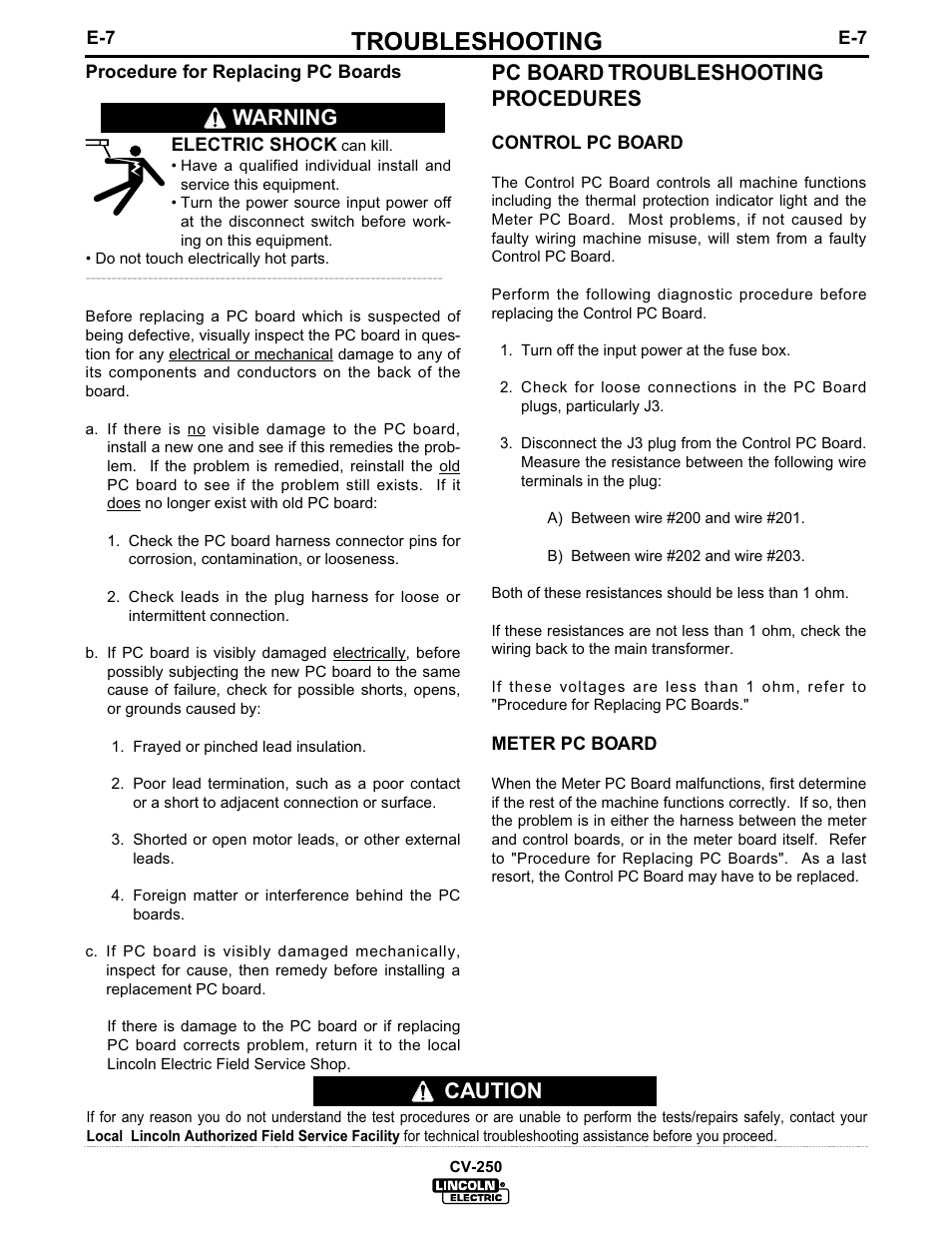 Troubleshooting, Caution, Warning pc board troubleshooting procedures | Lincoln Electric IM505 IDEALARC CV-250 User Manual | Page 26 / 42