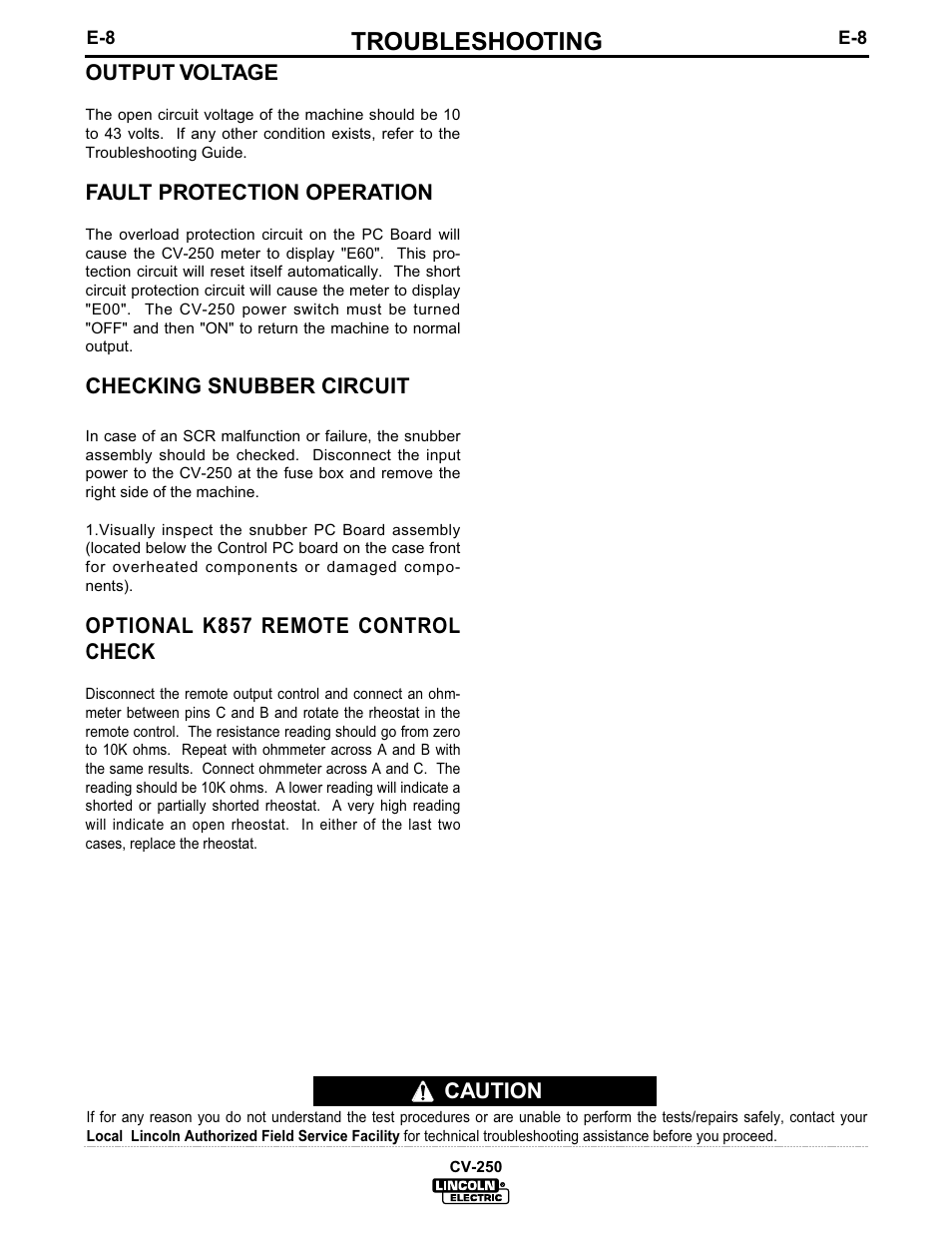 Troubleshooting | Lincoln Electric IM505 IDEALARC CV-250 User Manual | Page 27 / 42