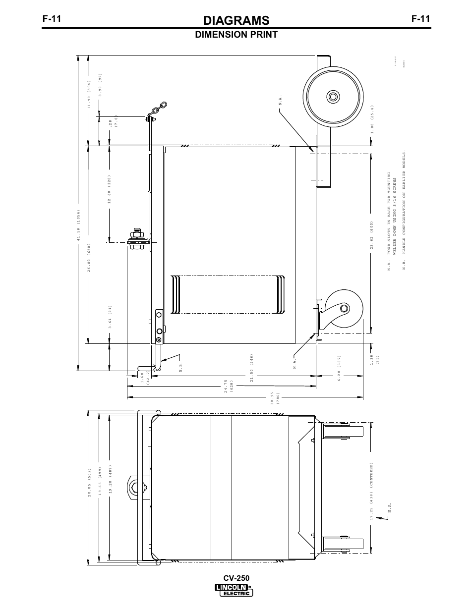 Diagrams, F-11, Dimension print | Cv-250 | Lincoln Electric IM505 IDEALARC CV-250 User Manual | Page 38 / 42