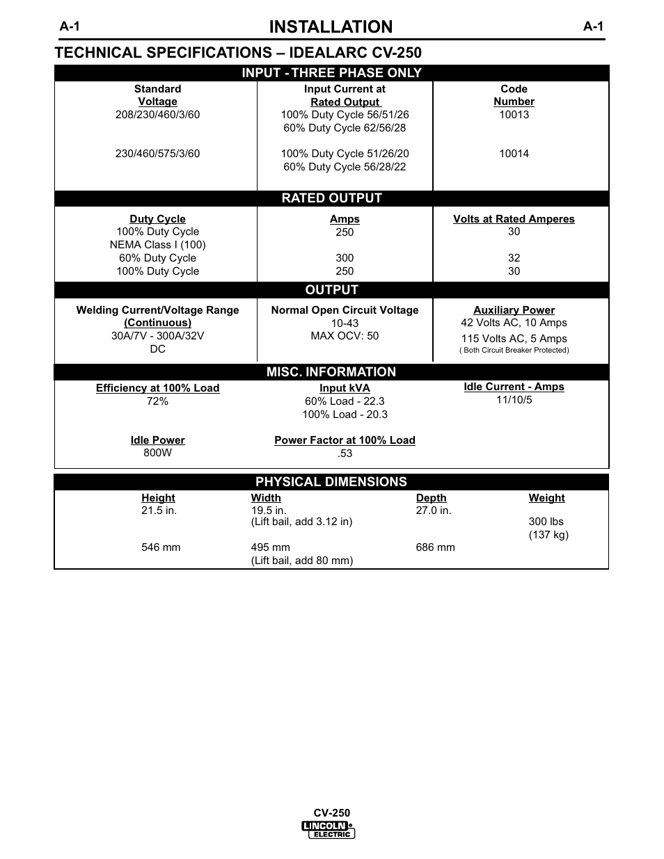 Installation, Technical specifications – idealarc cv-250 | Lincoln Electric IM505 IDEALARC CV-250 User Manual | Page 8 / 42