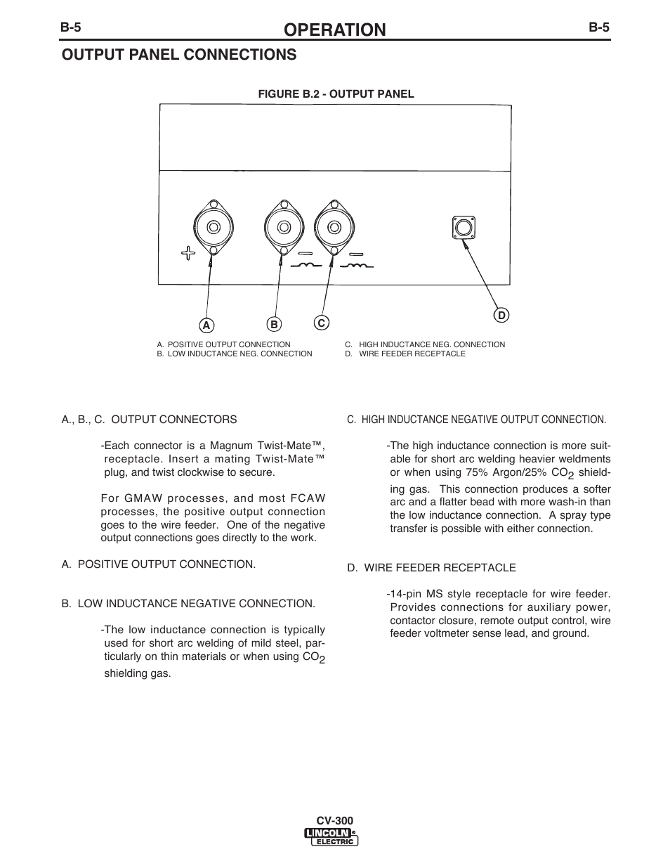 Operation, Output panel connections | Lincoln Electric IM500 IDEALARC CV-300 User Manual | Page 16 / 43