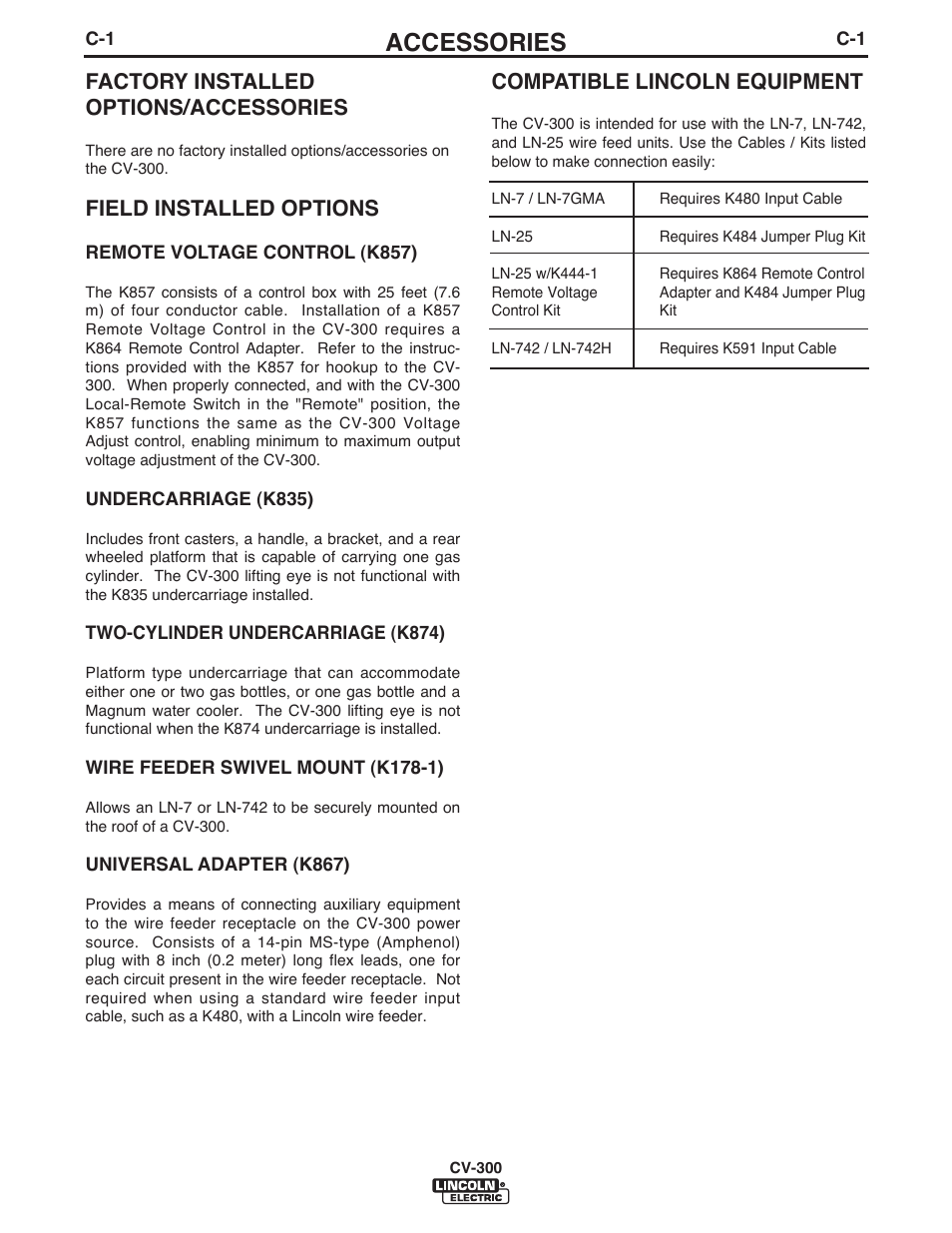 Accessories, Factory installed options/accessories, Field installed options | Compatible lincoln equipment | Lincoln Electric IM500 IDEALARC CV-300 User Manual | Page 18 / 43