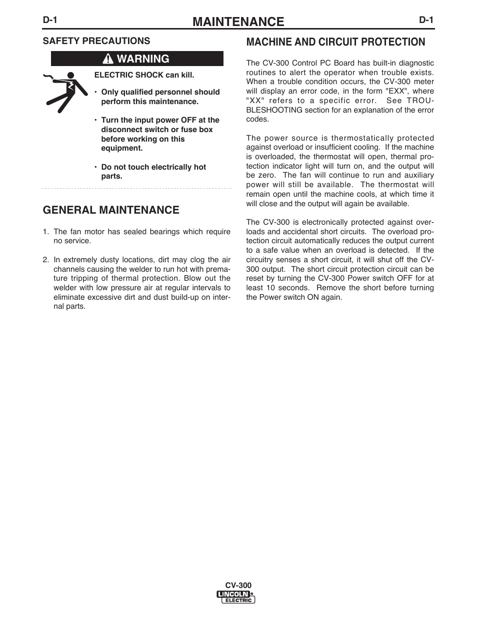 Maintenance, General maintenance, Machine and circuit protection | Warning | Lincoln Electric IM500 IDEALARC CV-300 User Manual | Page 19 / 43